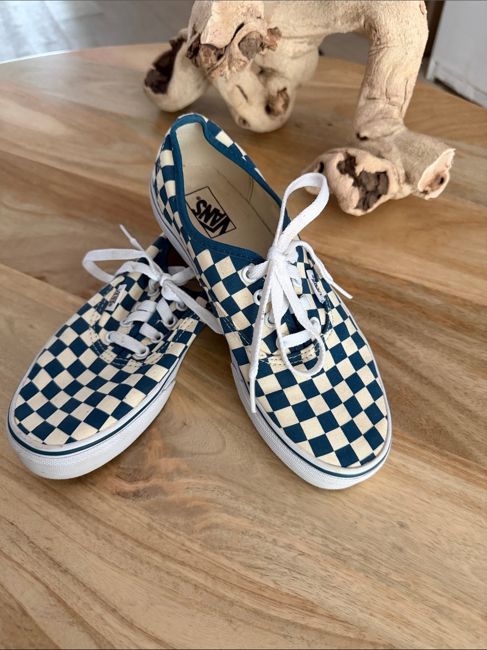 Vans Kids Checkerboard Lace-Up Sneakers in peacock blue and cream